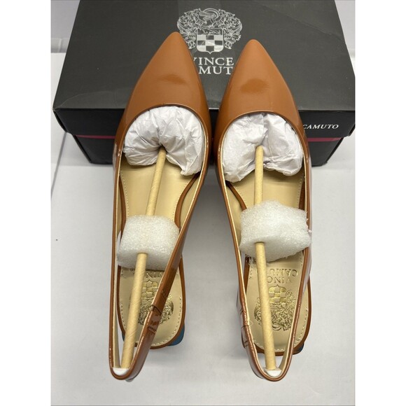 Vince Camuto Slingback Pumps 3" Block Heel Camel Color Patent Leather SZ 8.5 NEW - Picture 1 of 8